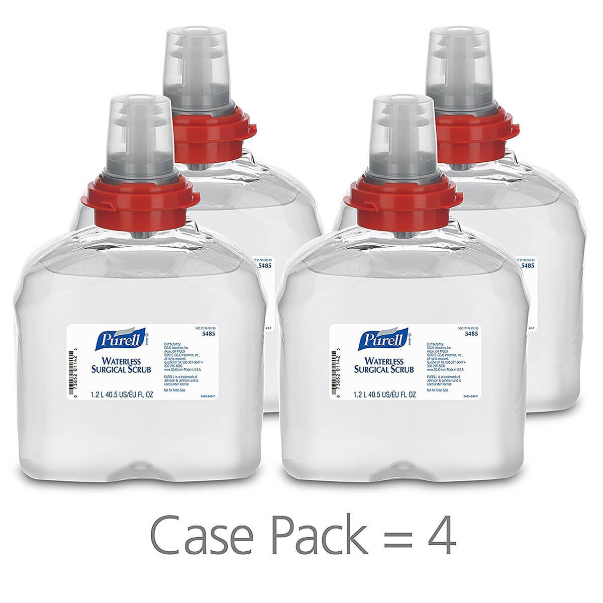 Four-pack case of Purell Waterless Surgical Scrub Gel TFX 1,200ml refill bottles shown together, labeled “Case Pack = 4.”